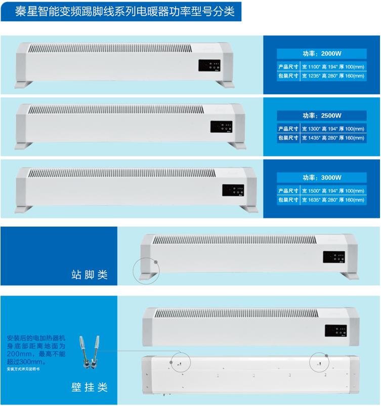 秦星智能变频踢脚线系列电暖器功率型号分类